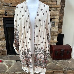 Cream Multicolored Patterned Kimono cardigan Pom Pom trim paisley brown pink